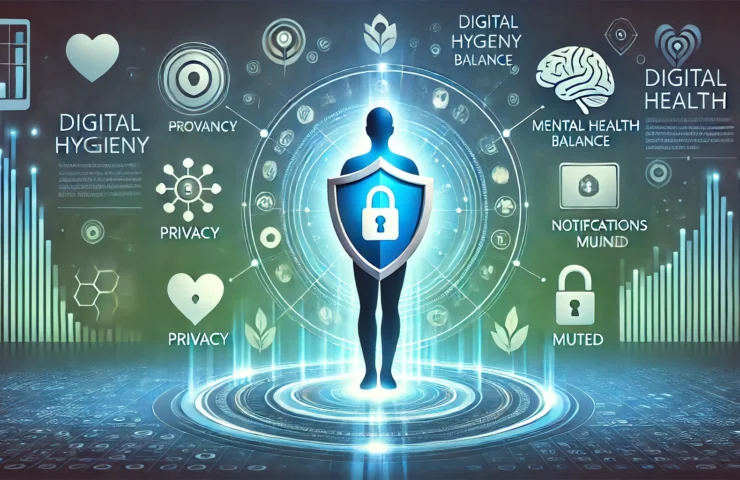 DALL·E 2025-01-27 12.30.25 - A modern graphic in 16_9 aspect ratio representing digital hygiene and mental health. The design features a glowing human silhouette holding a shield,