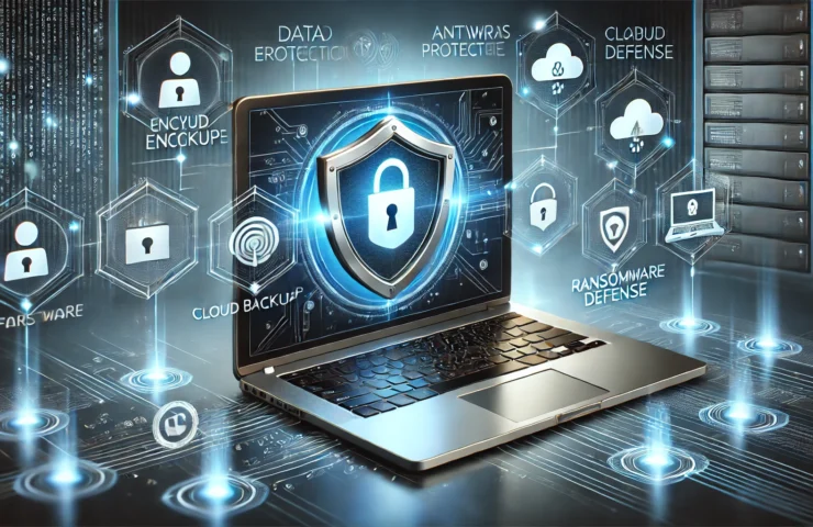 DALL·E 2025-02-02 22.52.50 - A modern cybersecurity-themed image illustrating data protection on a computer. The scene features a laptop with a glowing shield icon on the screen,