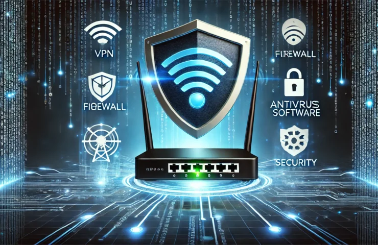 DALL·E 2025-02-02 22.55.12 - A modern cybersecurity illustration focusing on home network protection. The image features a Wi-Fi router surrounded by a digital shield, symbolizing
