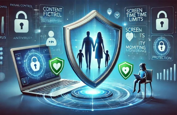 DALL·E 2025-02-09 23.41.16 - A modern cybersecurity-themed illustration representing parental control in antivirus software. The image features a digital shield surrounding a fami