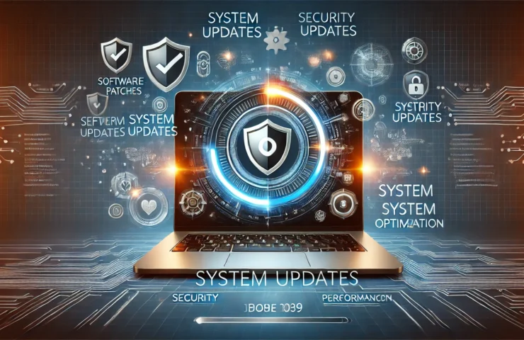 DALL·E 2025-02-09 23.43.48 - A modern cybersecurity-themed illustration emphasizing system updates for security and performance. The image features a laptop with a glowing update